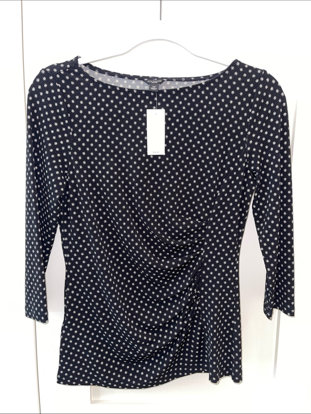 Ann Taylor Black with White Floral Ruched Long Sleeve Top